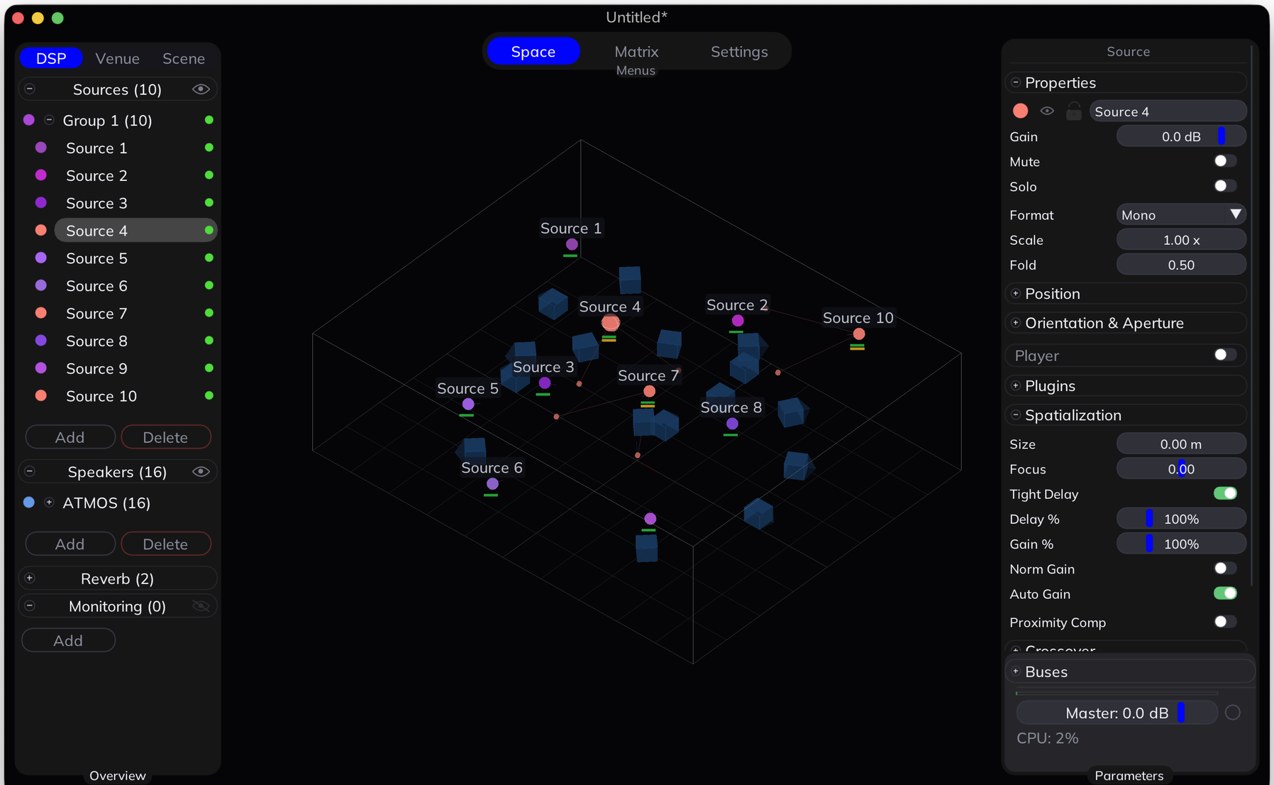 RIPL — 3D space view with sources and speakers